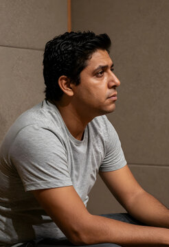 Thoughtful man with serious expression, deep contemplation and problem-solving, side profile portrait in a quiet setting