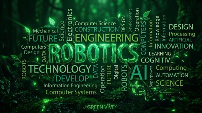 Word cloud focused on robotics and artificial intelligence with glowing green text and vine on a dark, mysterious forest background