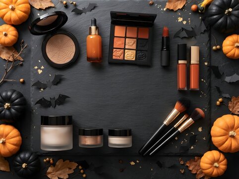 Cosmetic makeup products and small pumpkins arranged on a dark background for autumn sale
