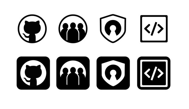 Open source software development icon set. Minimalist coding, open-source logo, community, and code bracket symbol vectors.
