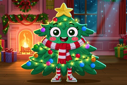 Cheerful Christmas Tree Cartoon Character Dancing in Cozy Holiday Room with Gifts
