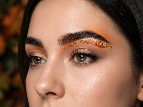 Close up portrait of a young woman with creative autumn pumpkin makeup on her eyebrows