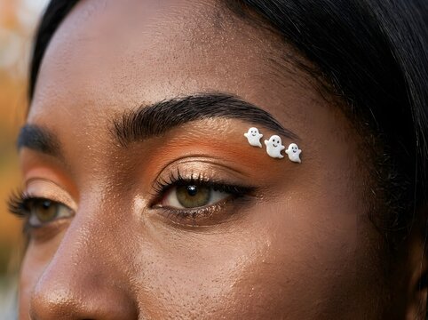 Close up of a woman wearing colorful creative eye makeup with small ghost stickers on face