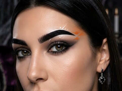 Close up portrait of a young woman with creative pink and black graphic eye makeup look