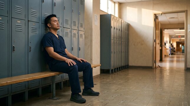 Exhausted healthcare worker in navy scrubs rests alone on a bench beside hospital lockers with eyes closed, portraying shift fatigue, burnout, and the need for a break.