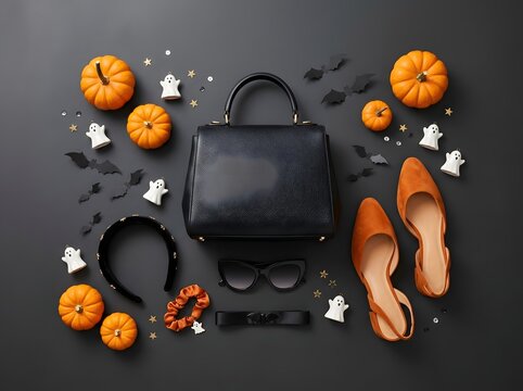 Black handbag with orange shoes and pumpkin decorations for a festive halloween party