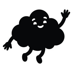 Fototapeta premium Happy cute black cloud character waving hello with arms and legs in a cartoon style illustration