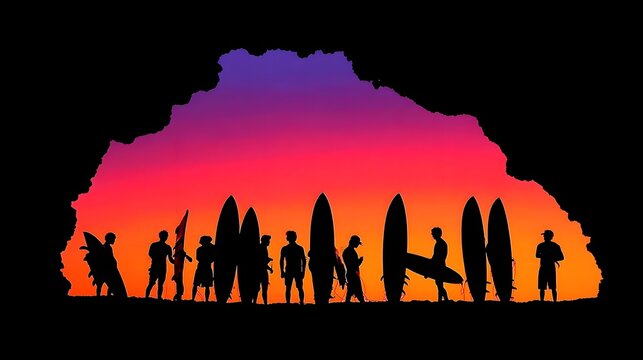 gathering before dawn on a rugged coastline, surfboards silhouetted against sunrise, adventurous beach culture, detailed action lifestyle image