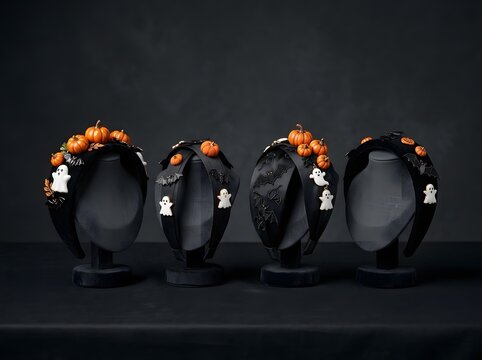 Four black halloween headbands decorated with cute pumpkins and white ghost charms