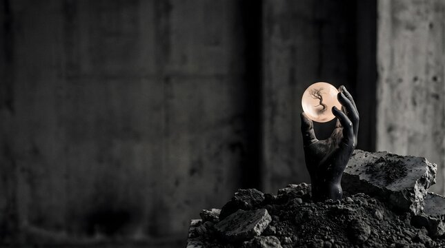 Black charcoal-coated arm rises from dark soil and rubble, holding a glowing translucent crystal orb against a gritty concrete wall with dramatic side lighting.
