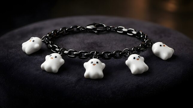 Black metal charm bracelet with cute white ghost pendants on a dark stone surface