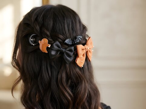 Woman with long dark wavy hair styled with cute bat and bow hair clips from behind