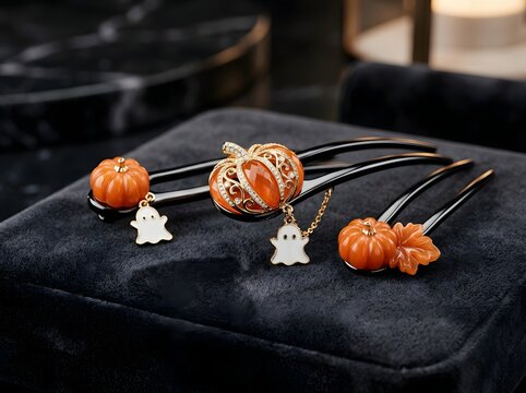 Decorative halloween hair sticks with small pumpkin and ghost charms on a dark table