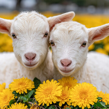 Two cute white lambs posing together surrounded by bright yellow dandelion flowers