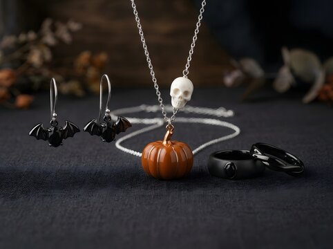 Halloween pumpkin necklace and bat earrings set with a small skull charm on dark background