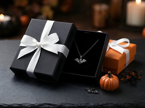 Bat pendant necklace in a black gift box with a white ribbon for halloween holiday