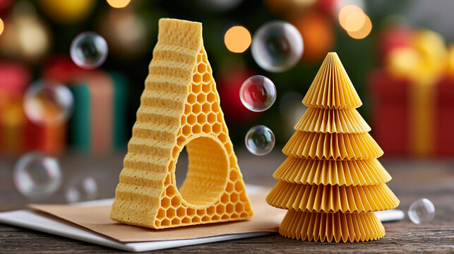 Two yellow decorative christmas tree figurines standing on wooden table with soap