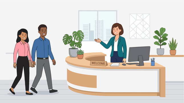Smiling secretary welcoming visitors at a modern reception desk decorated with indoor plants and office accessories, minimalist 2d flat vector illustration, Secretaries' Day