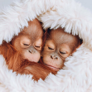 Two baby orangutans sleeping peacefully wrapped inside soft white fur with cute orangut