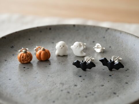 Small halloween stud earrings shaped like pumpkins ghosts and bats on a grey plate