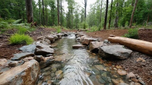 Forest Stream Serenity: A clear stream flows gently through a lush, green forest, bordered by natural stones and fallen logs, creating a tranquil natural landscape.