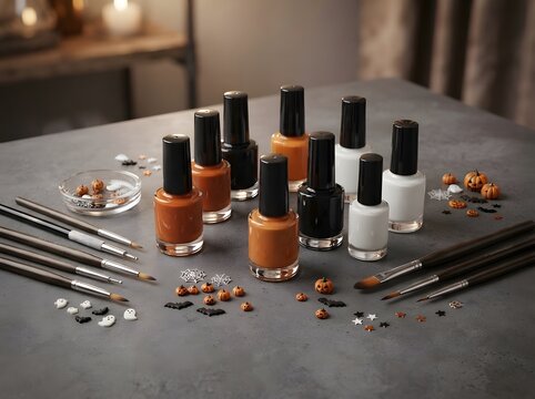 Collection of colorful nail polish bottles with professional makeup brushes on table