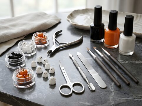 Professional manicure tools and nail polish bottles on a dark table surface