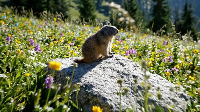 Alpine marmot on rock in austrian alps meadow with wildflowers and national flag marmota tyrol
