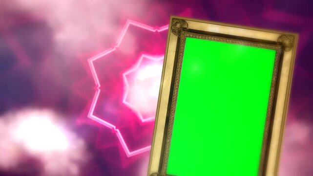 Vintage Golden Picture Frame Green Screen Overlay with Glowing Pink Star Motion Backdrop