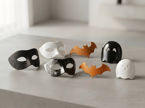 Set of halloween masks and spooky ghost decorations for a fun holiday party celebration