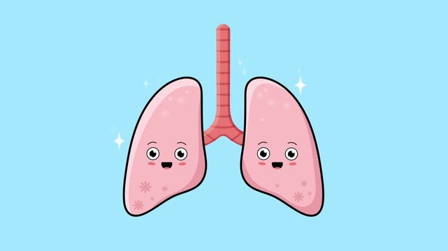 A motion graphic of human lungs designed with a cute and whimsical concept, featuring blinking eyes and sparkling elements