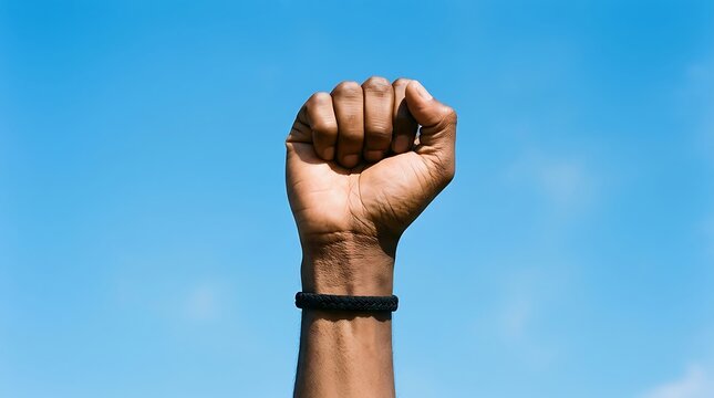 A raised fist with a black wristband against a clear blue sky symbolizes power and determination.