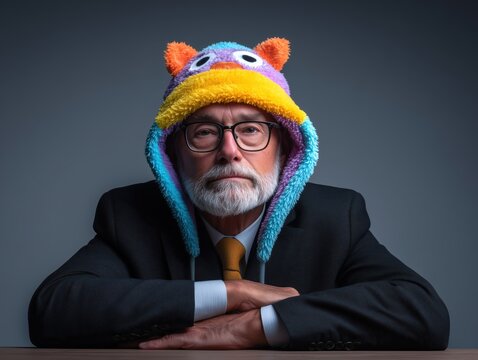 businessman wearing playful hat in office setting