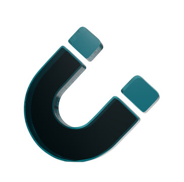 Horseshoe magnet glossy dark teal glass science and physics isolated on black background, attraction