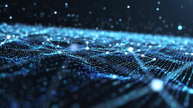 Abstract digital network evolving with glowing particles in dark blue illuminated space during a slow camera pan