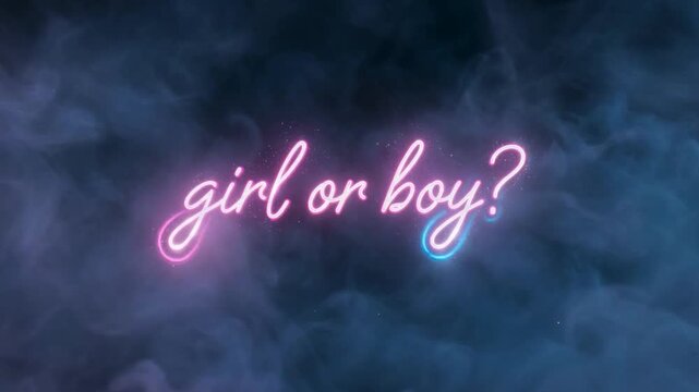 Pink and blue light trails swirling and merging to write the question girl or boy in glowing neon script amidst a smoky, dark background