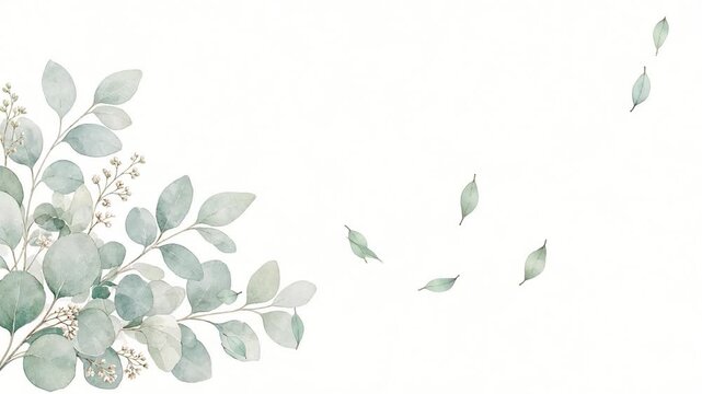 Elegant watercolor animation of eucalyptus branches with leaves gently falling. Botanical illustration perfect for weddings or nature themes