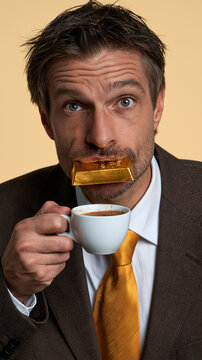 Mann im Anzug mit Brille bei&szlig;t in einen Goldbarren, dazu Kaffeetasse, symbolisch f&uuml;r Gier und Reichtum, Nahaufnahme mit dunklem Hintergrund.