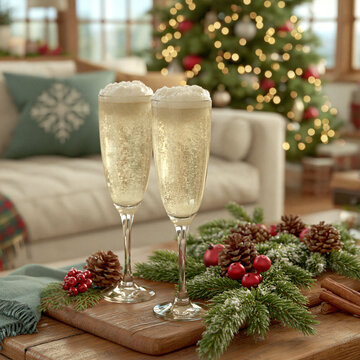 Two champagne flutes filled with sparkling wine on a wooden board decorated with pine