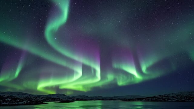 Northern lights dancing across the starry sky above a snowy mountain lake reflecting the vibrant green and purple aurora borealis