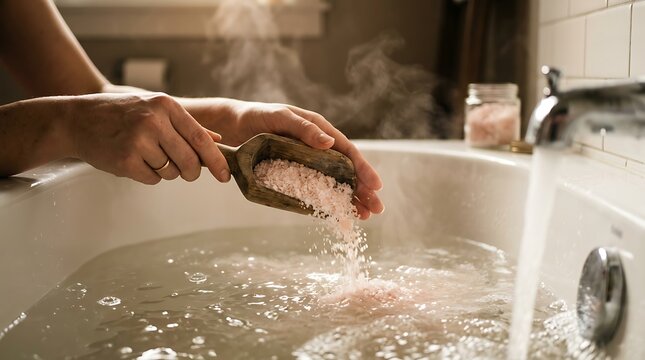 Hands adding pink bath salts to a steaming hot tub for relaxation