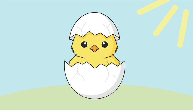 Adorable cartoon yellow chick hatching from a cracked white egg under warm sun rays on soft blue sky background.