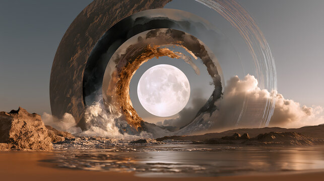 Mid-Autumn epic finale imagery, central eternal white light surrounded by five material rings: stone, ink, gold leaf, porcelain, data stream, symbolizing layered Mid-Autumn cultural continuity, commer
