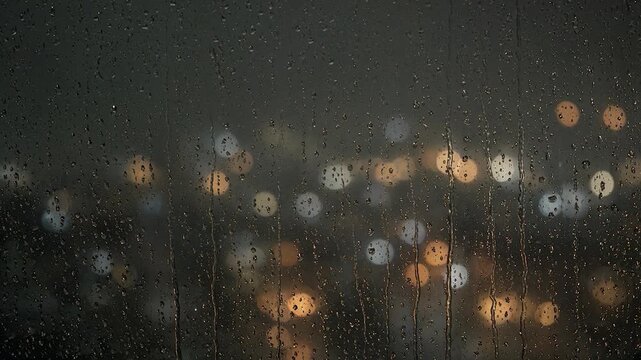 Raindrops falling down a window pane with blurry city lights in the background at night during a rainstorm
