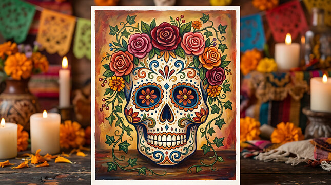 Sugar skull calavera with floral rose crown for Day of the Dead