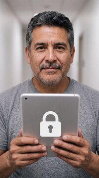 Man holding tablet with padlock security icon close-up
