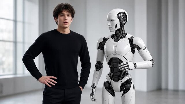 Young engineer standing with a humanoid robot, showcasing artificial intelligence and innovation in a modern laboratory
