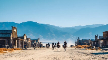 Fototapeta premium town street lined with wooden buildings and horseback riders, frontier heritage, dramatic desert landscape, cinematic realism