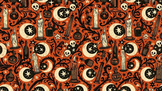 Seamless Halloween pattern with mystical occult symbols magical moon candles skulls and potions in a vintage gothic style on a dark orange background