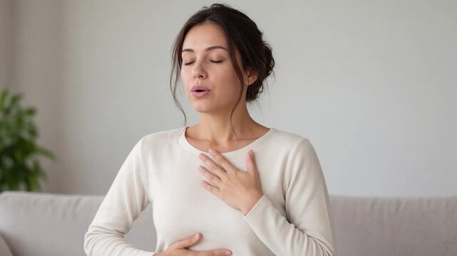Mindful woman practicing breathing exercises for stress relief, gratitude, and emotional balance while sitting on a comfortable sofa